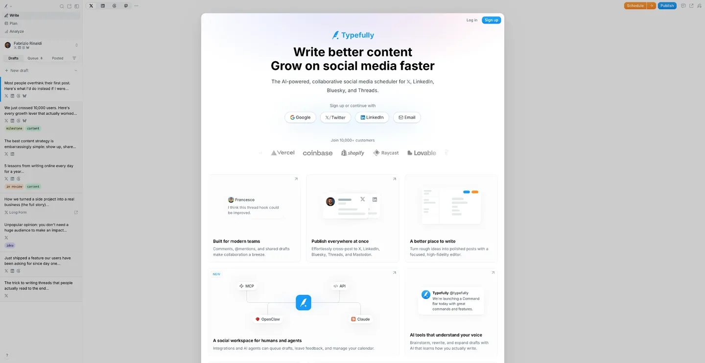 Typefully homepage with a social-media writing demo beside its “Write better content” signup panel and product-feature cards.