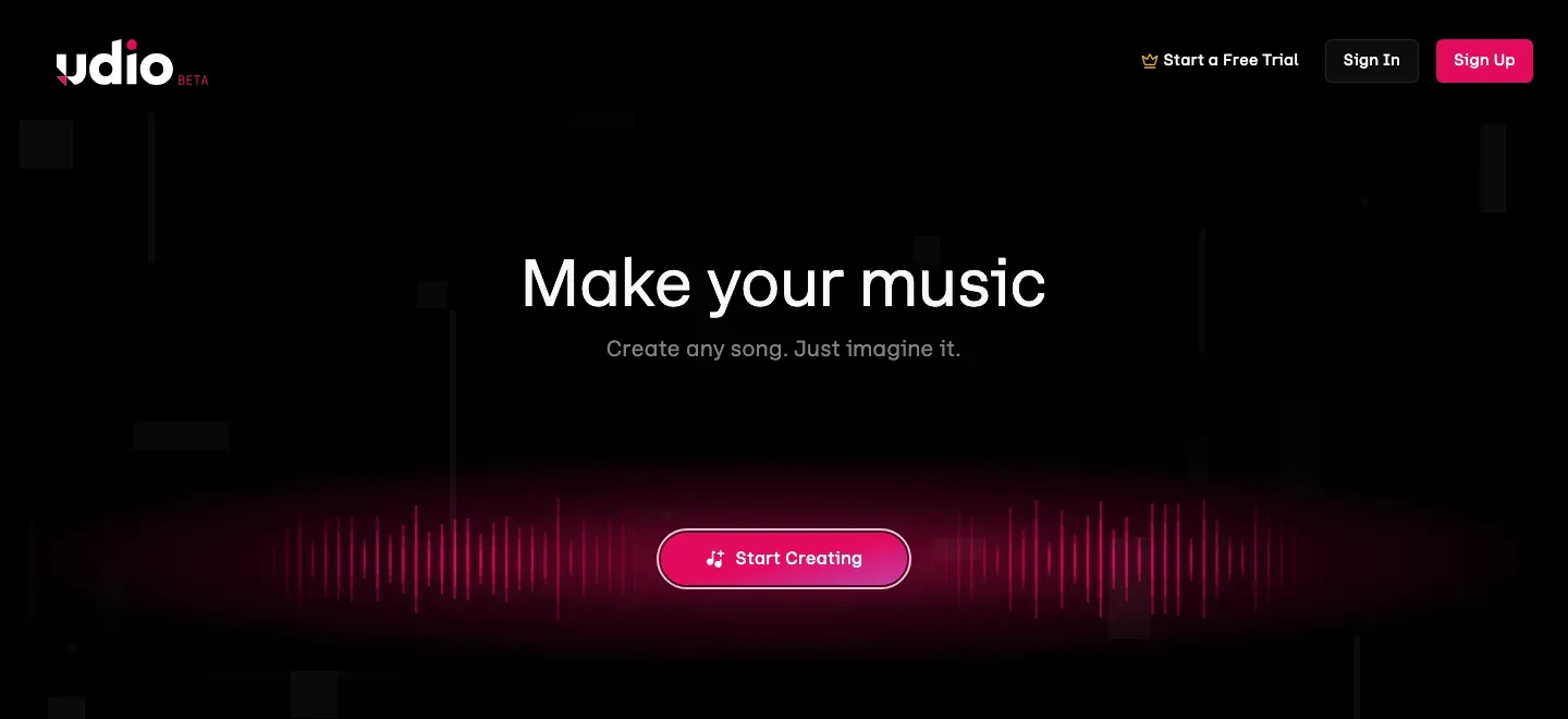Udio homepage with a music creation headline, a pink Start Creating button, and a waveform illustration.