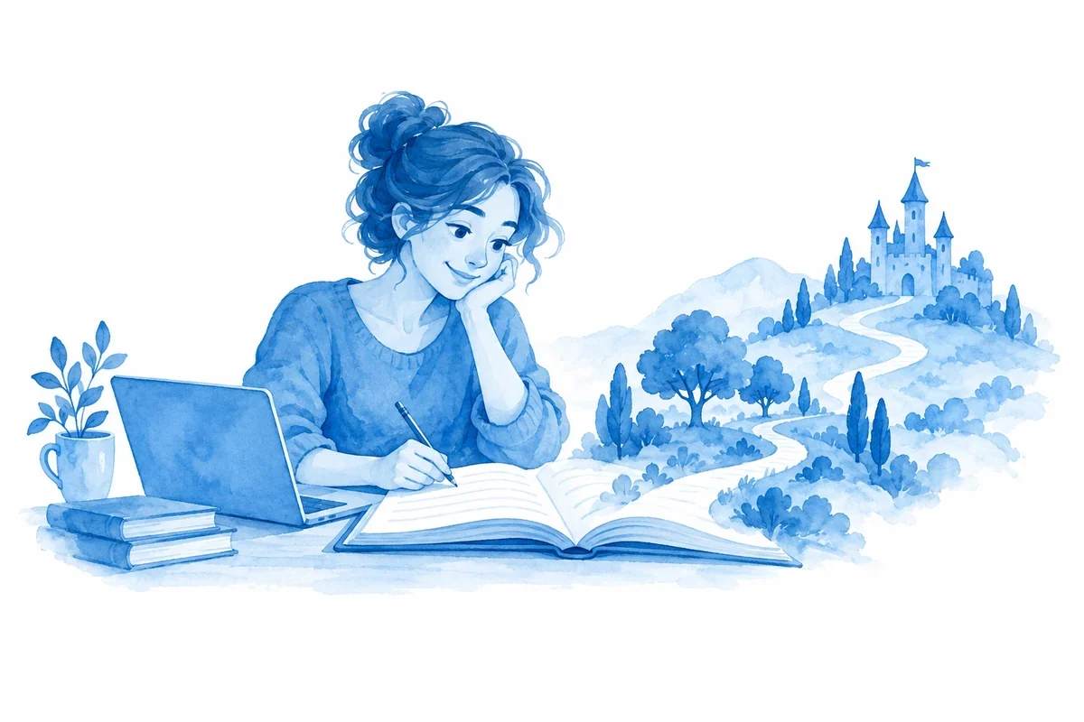 Blue watercolor of an author crafting a story with a manuscript and laptop.