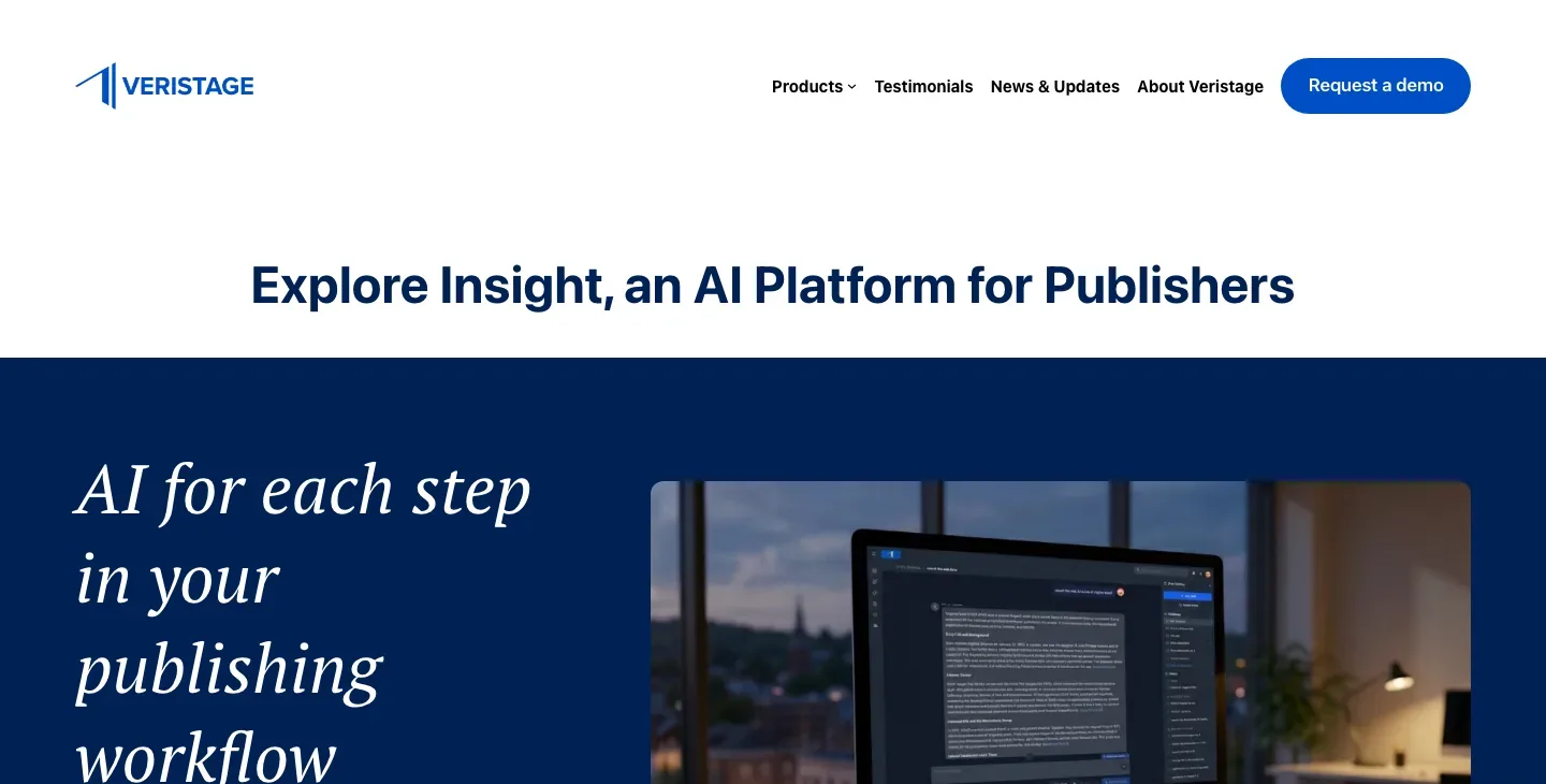 Veristage Insight page with a publisher AI platform title, an “AI for each step in your publishing workflow” hero, and a desktop monitor image.