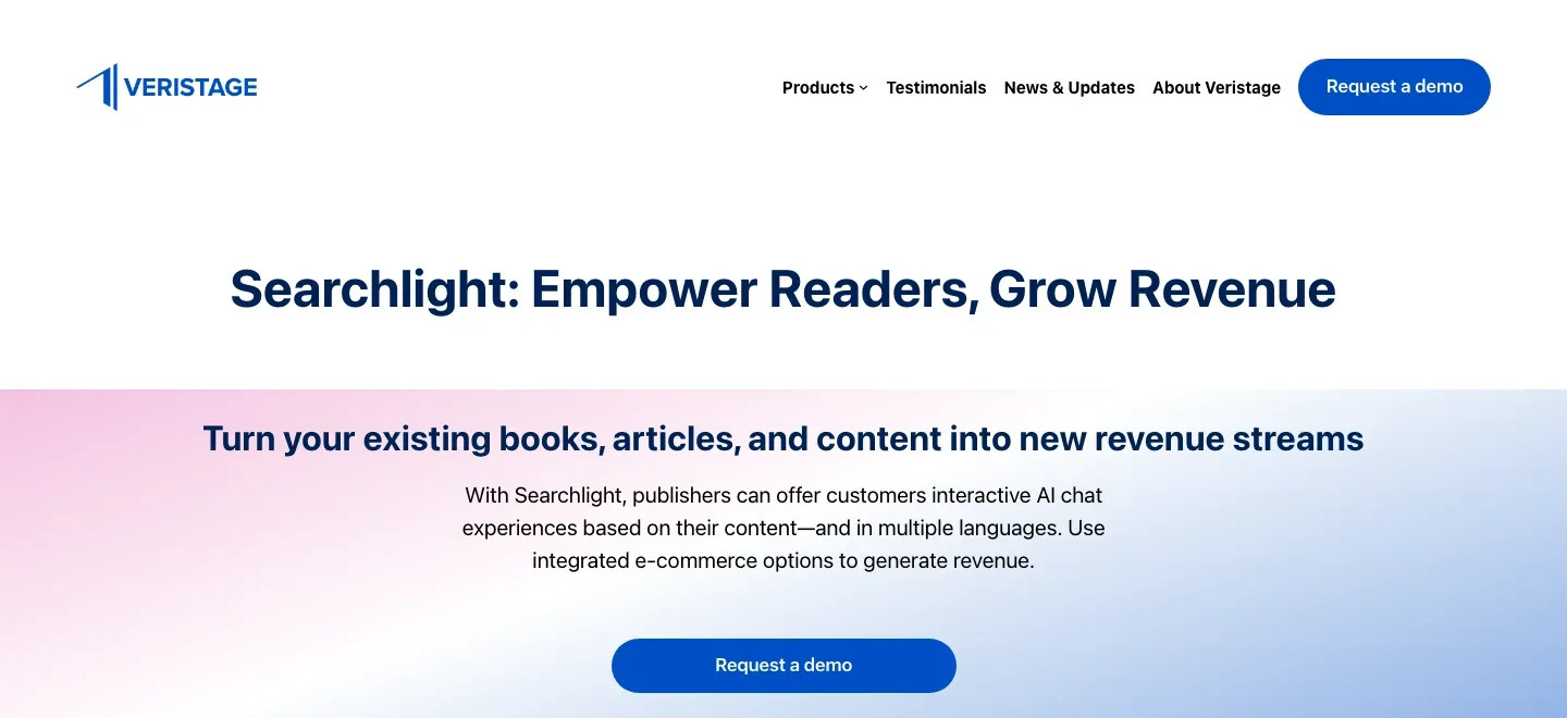 Veristage Searchlight page with a headline about empowering readers and growing revenue, copy describing AI chat based on publisher content, and a demo button.