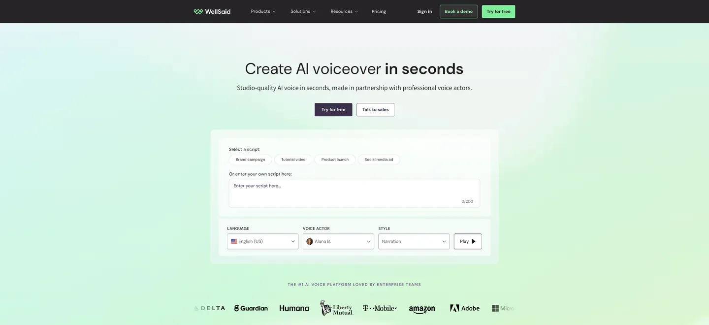 WellSaid homepage with a centered “Create AI voiceover in seconds” headline, a script and voiceover demo panel, and customer logos.