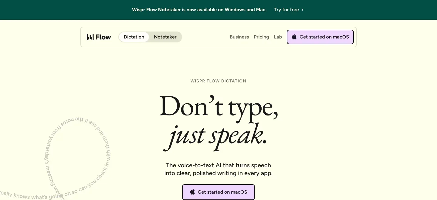 Wispr Flow homepage with a “Don’t type, just speak” voice-to-text headline, platform availability and a download button.