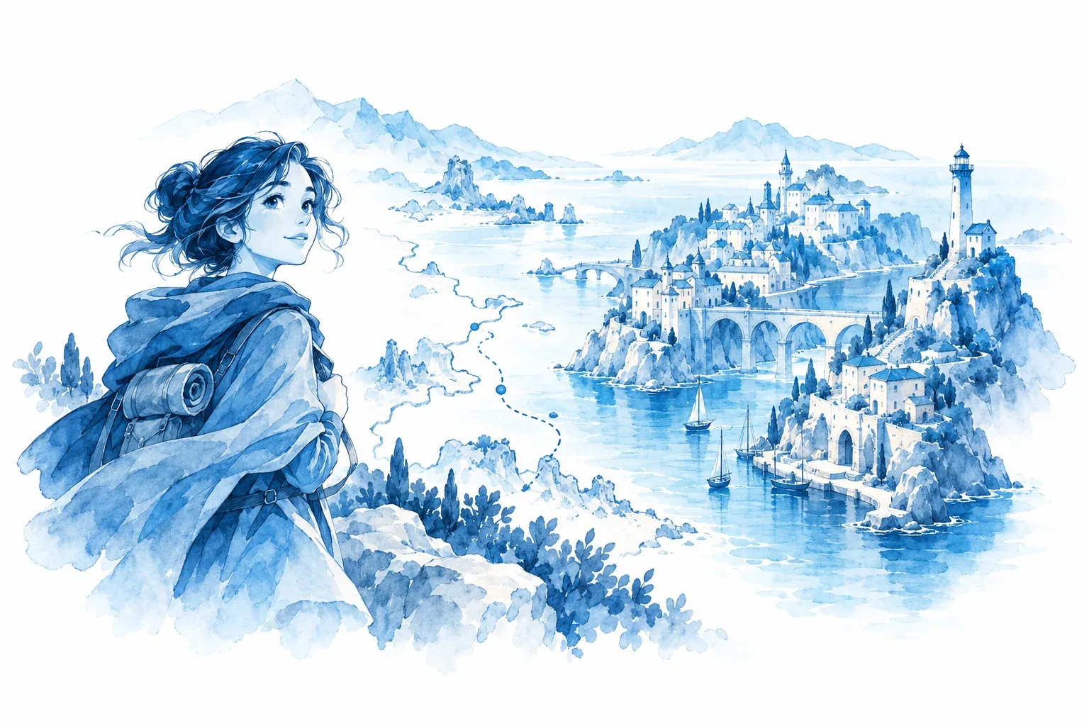 Blue watercolor of a cloaked character beside a map and an imagined coastal city.